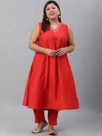 Janasya XL LOVE by Janasya Women's Plus Size Red Art Silk Kurta With Pant - Distacart