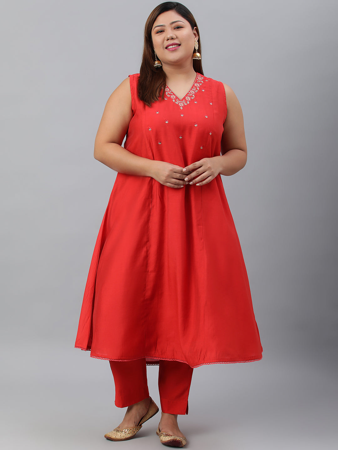 Janasya XL LOVE by Janasya Women's Plus Size Red Art Silk Kurta With Pant - Distacart