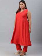 Janasya XL LOVE by Janasya Women's Plus Size Red Art Silk Kurta With Pant - Distacart