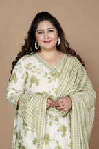 Miravan Women's Plus Size Green Printed Anarkali Kurta With Palazzo And Dupatta