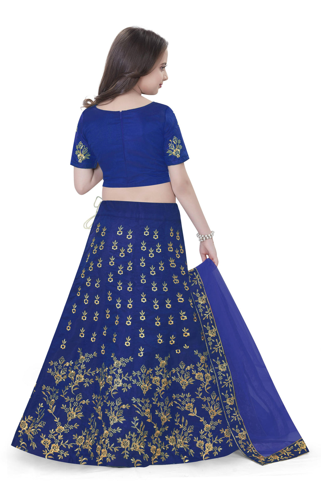 Dwiden Royal Blue Baby Doll Tafetta Sattin Semi-Stitched Girl's Lehenga Choli