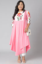 Janasya Women's Pink Poly Crepe Floral Print Casual Flared Kurta