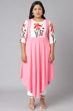 Janasya Women's Pink Poly Crepe Floral Print Casual Flared Kurta