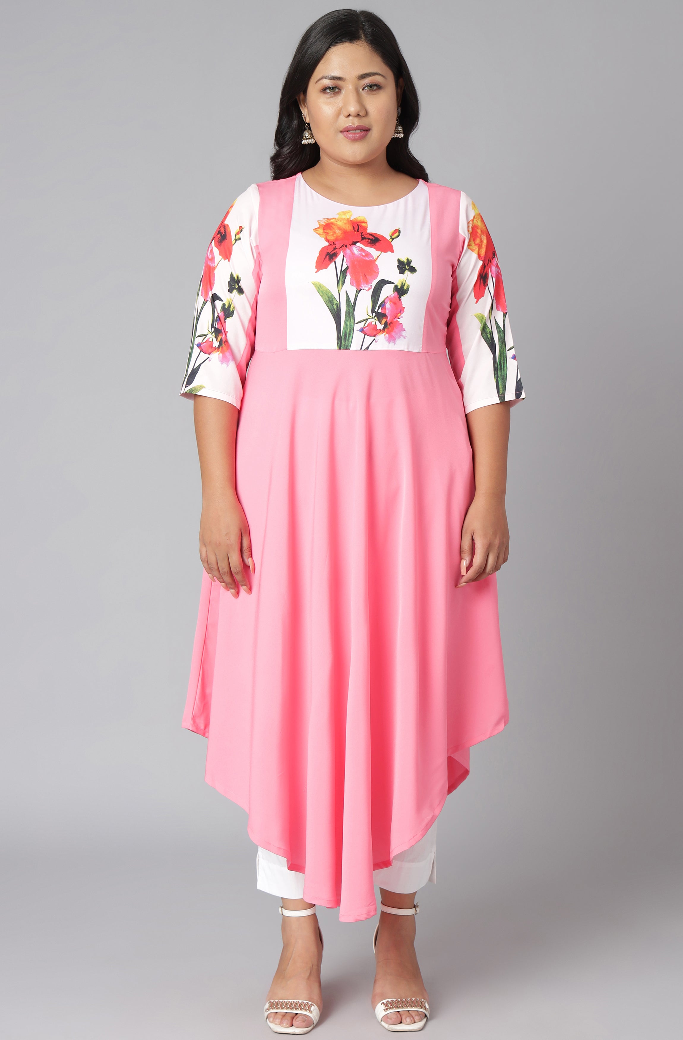 Janasya Women's Pink Poly Crepe Floral Print Casual Flared Kurta
