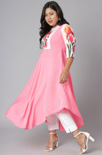 Janasya Women's Pink Poly Crepe Floral Print Casual Flared Kurta