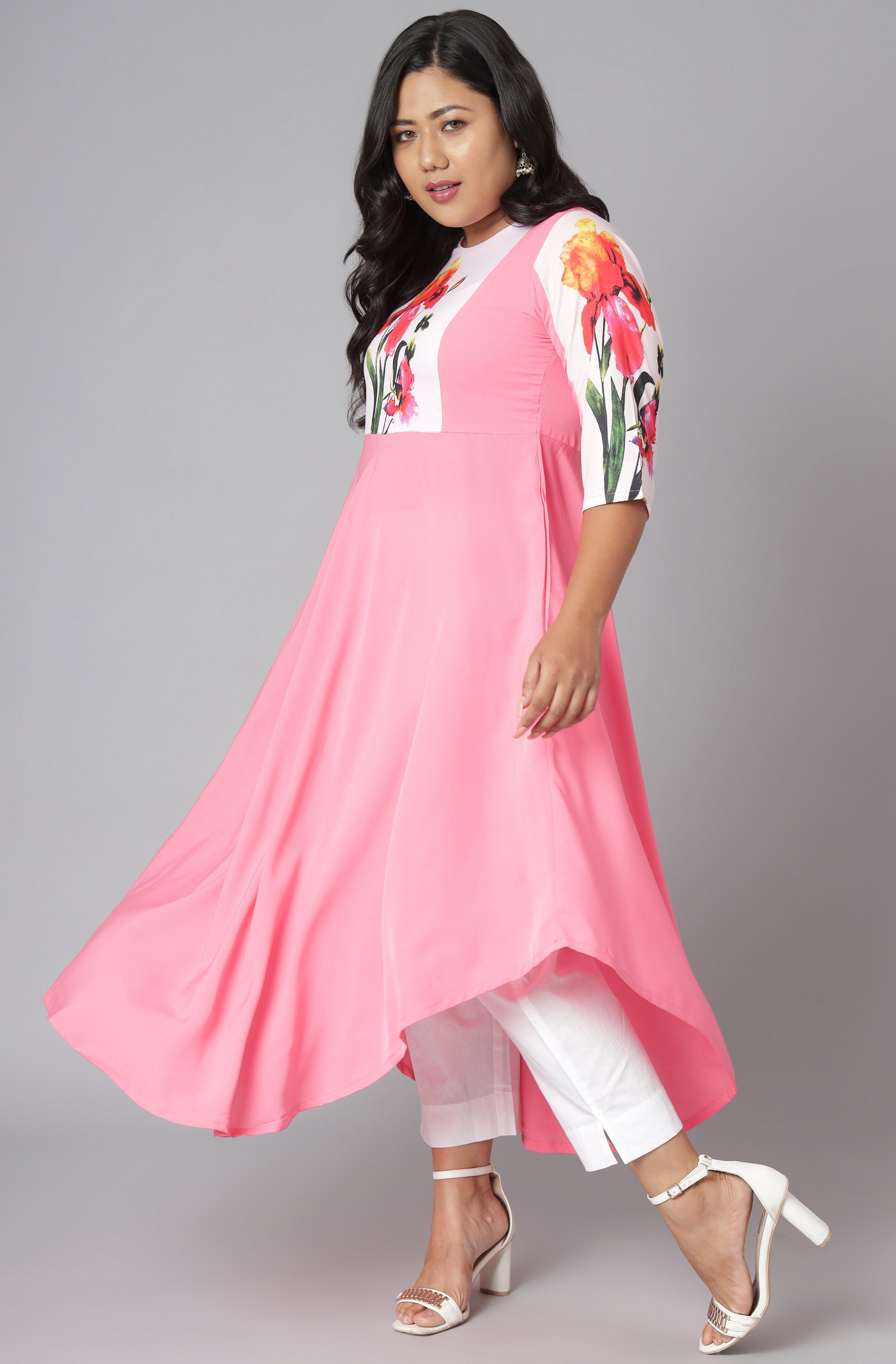 Janasya Women's Pink Poly Crepe Floral Print Casual Flared Kurta