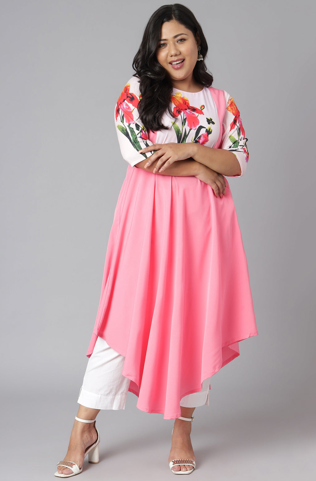 Janasya Women's Pink Poly Crepe Floral Print Casual Flared Kurta