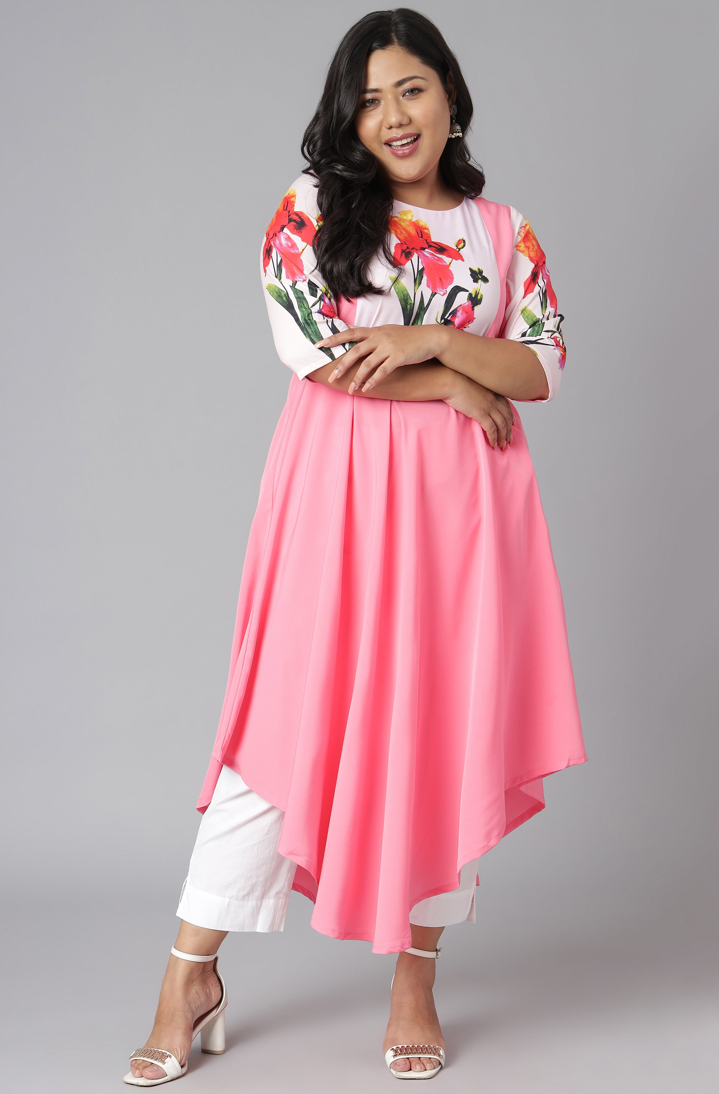 Janasya Women's Pink Poly Crepe Floral Print Casual Flared Kurta