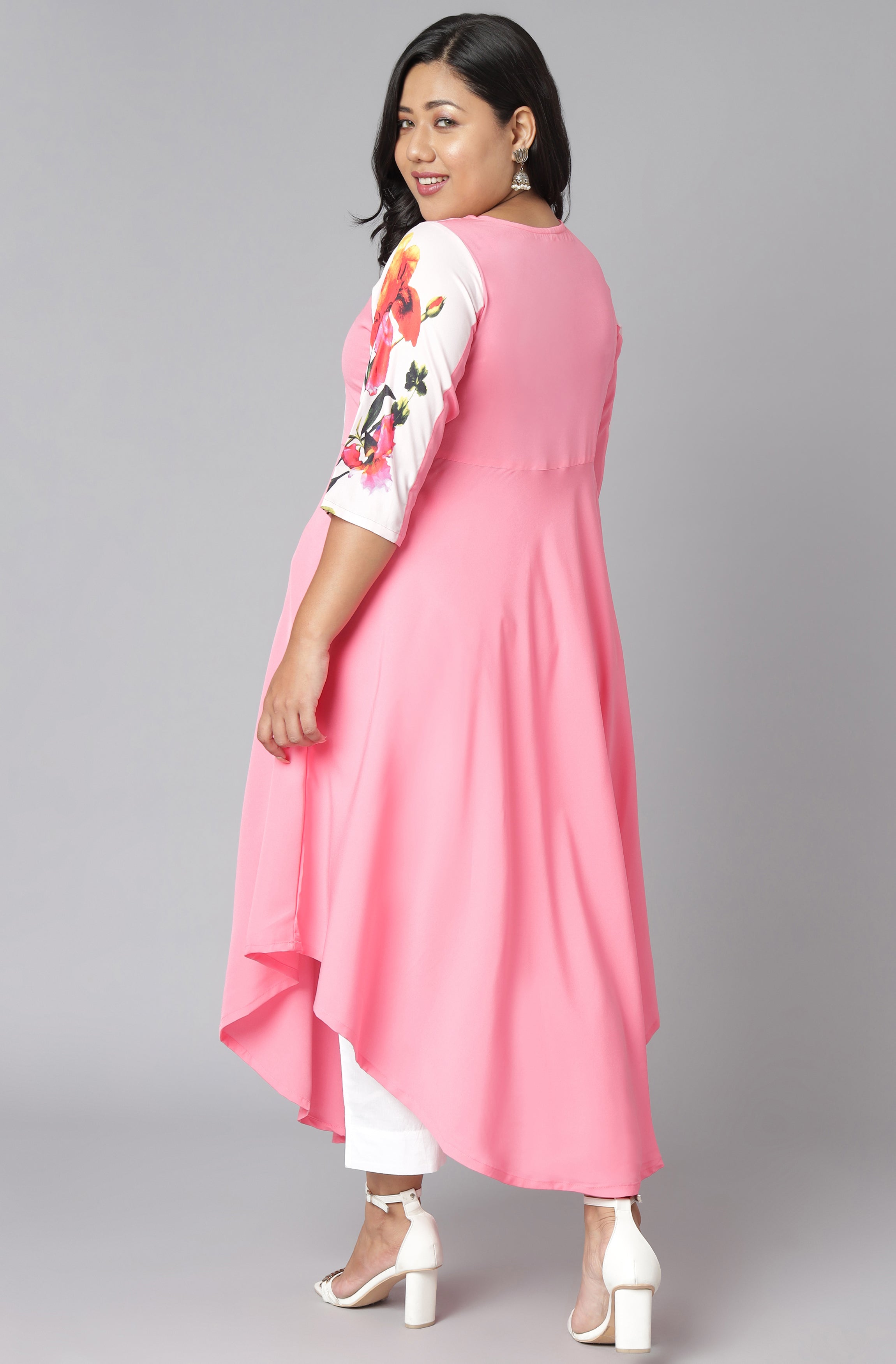 Janasya Women's Pink Poly Crepe Floral Print Casual Flared Kurta
