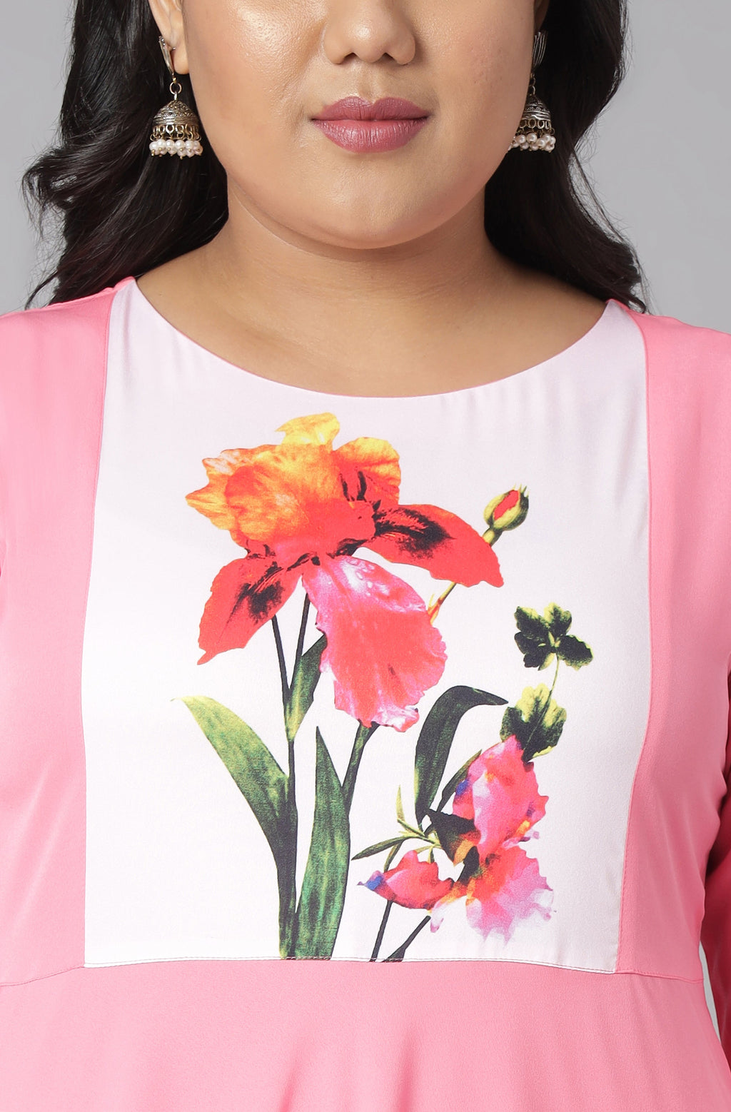Janasya Women's Pink Poly Crepe Floral Print Casual Flared Kurta