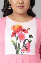 Janasya Women's Pink Poly Crepe Floral Print Casual Flared Kurta