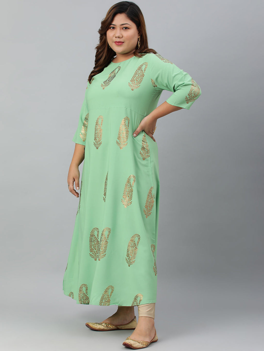 Janasya Women's Light Green Poly Crepe Foil Print Casual A-line kurta - Distacart