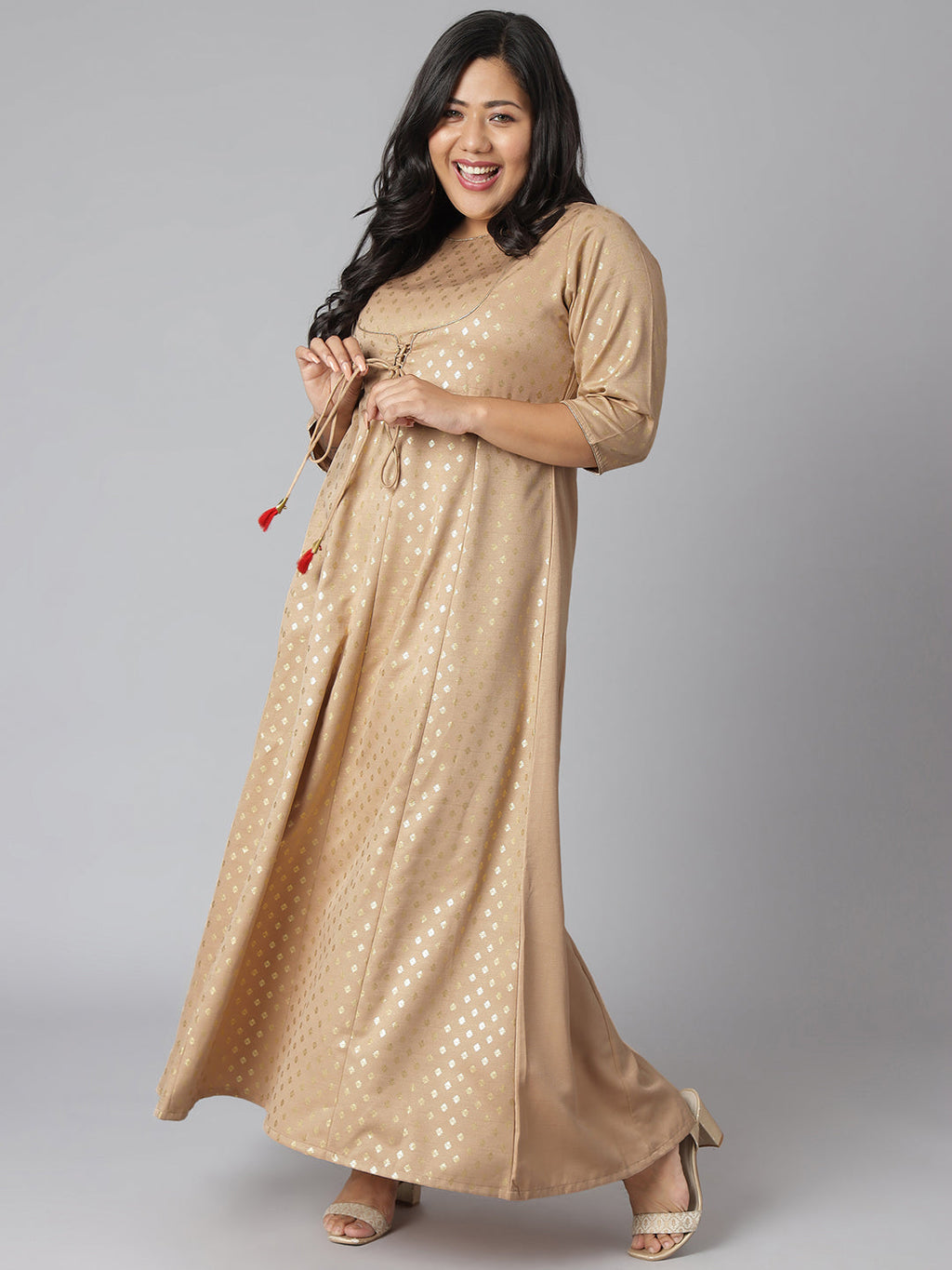 Janasya Women's Beige Poly Silk Foil Print Festive & Party Anarkali Kurta - Distacart
