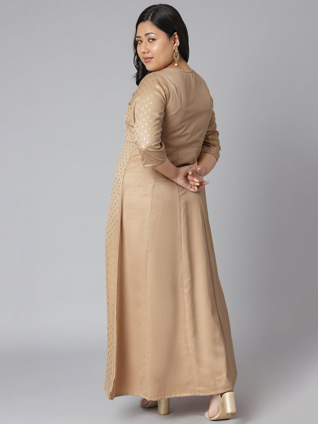 Janasya Women's Beige Poly Silk Foil Print Festive & Party Anarkali Kurta - Distacart