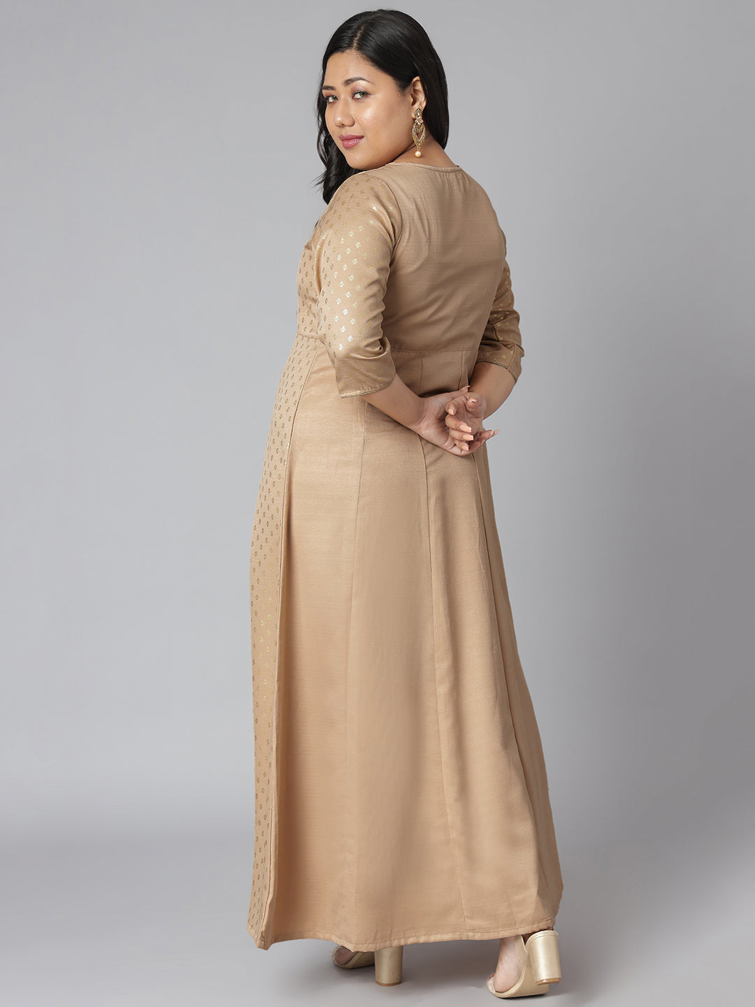 Janasya Women's Beige Poly Silk Foil Print Festive & Party Anarkali Kurta - Distacart