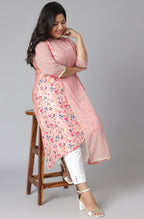Janasya Women's Pink Poly Crepe Floral Print Casual High Low Kurta