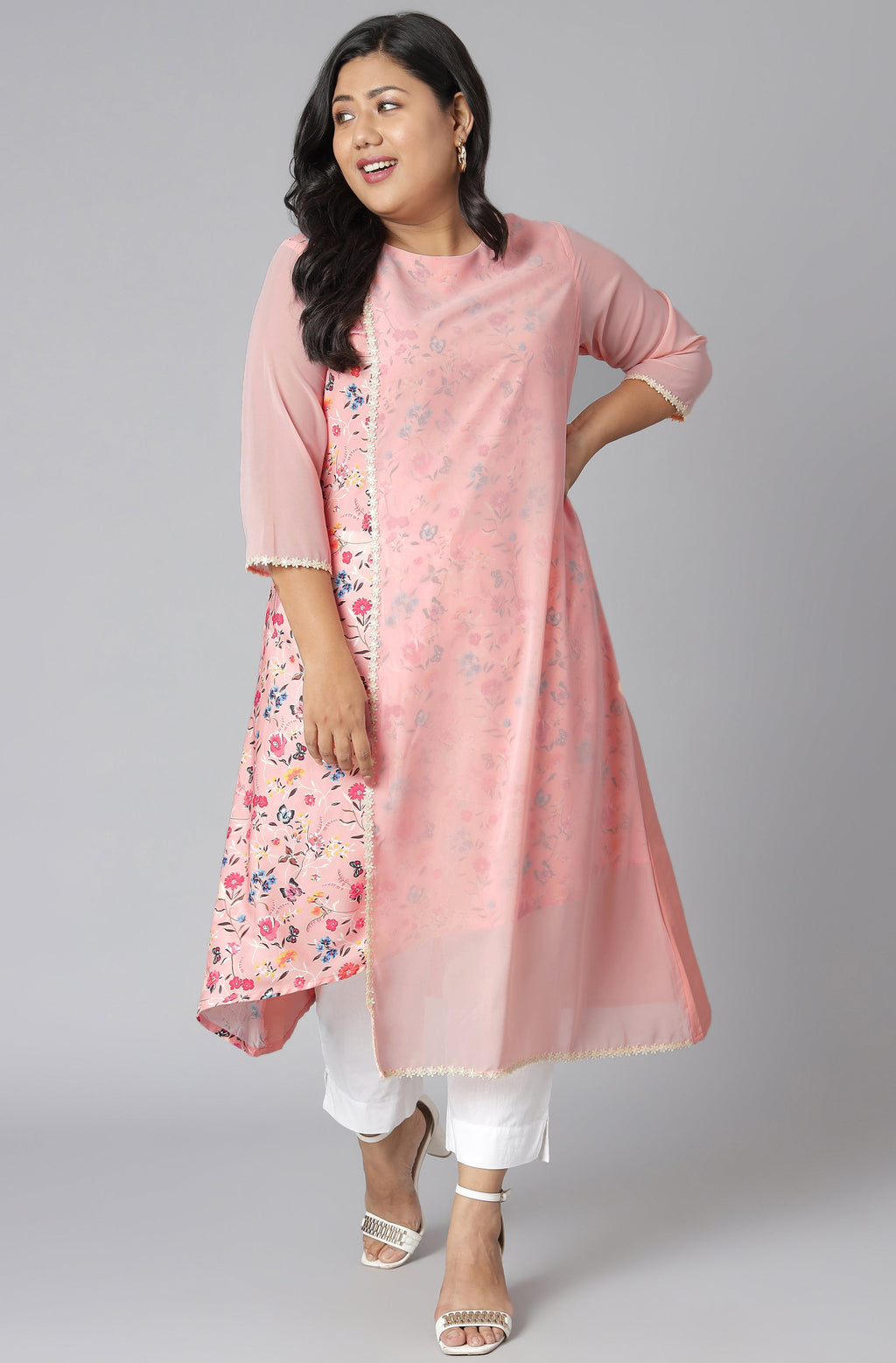 Janasya Women's Pink Poly Crepe Floral Print Casual High Low Kurta