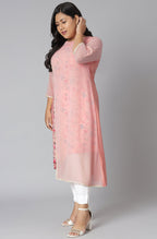Janasya Women's Pink Poly Crepe Floral Print Casual High Low Kurta