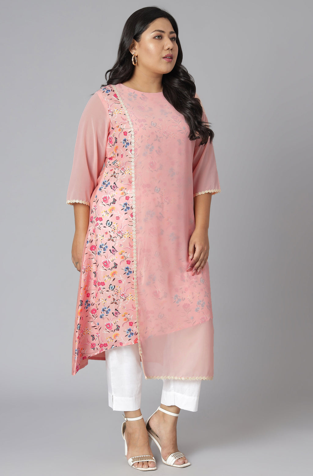 Janasya Women's Pink Poly Crepe Floral Print Casual High Low Kurta