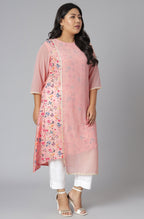 Janasya Women's Pink Poly Crepe Floral Print Casual High Low Kurta