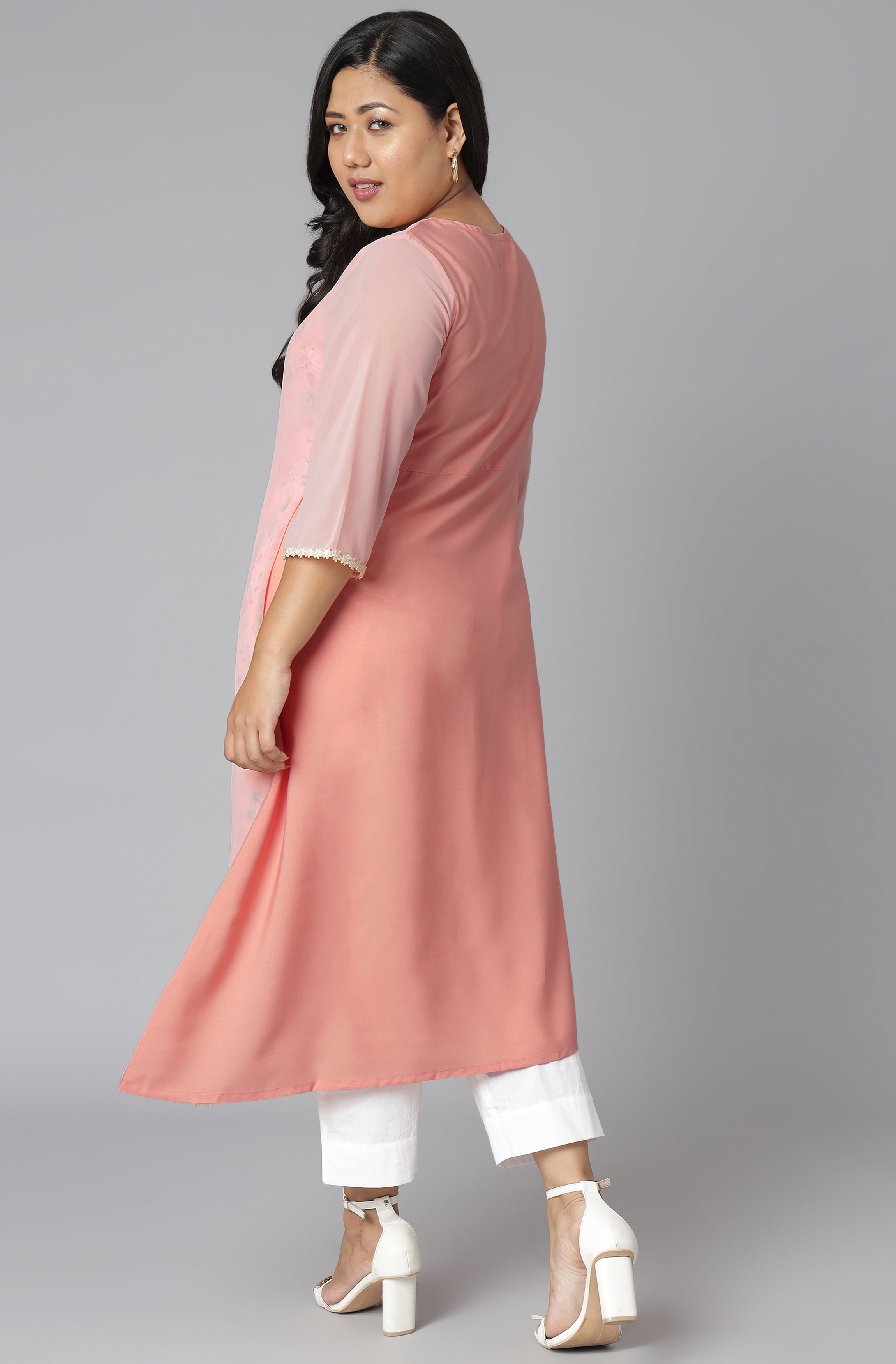 Janasya Women's Pink Poly Crepe Floral Print Casual High Low Kurta