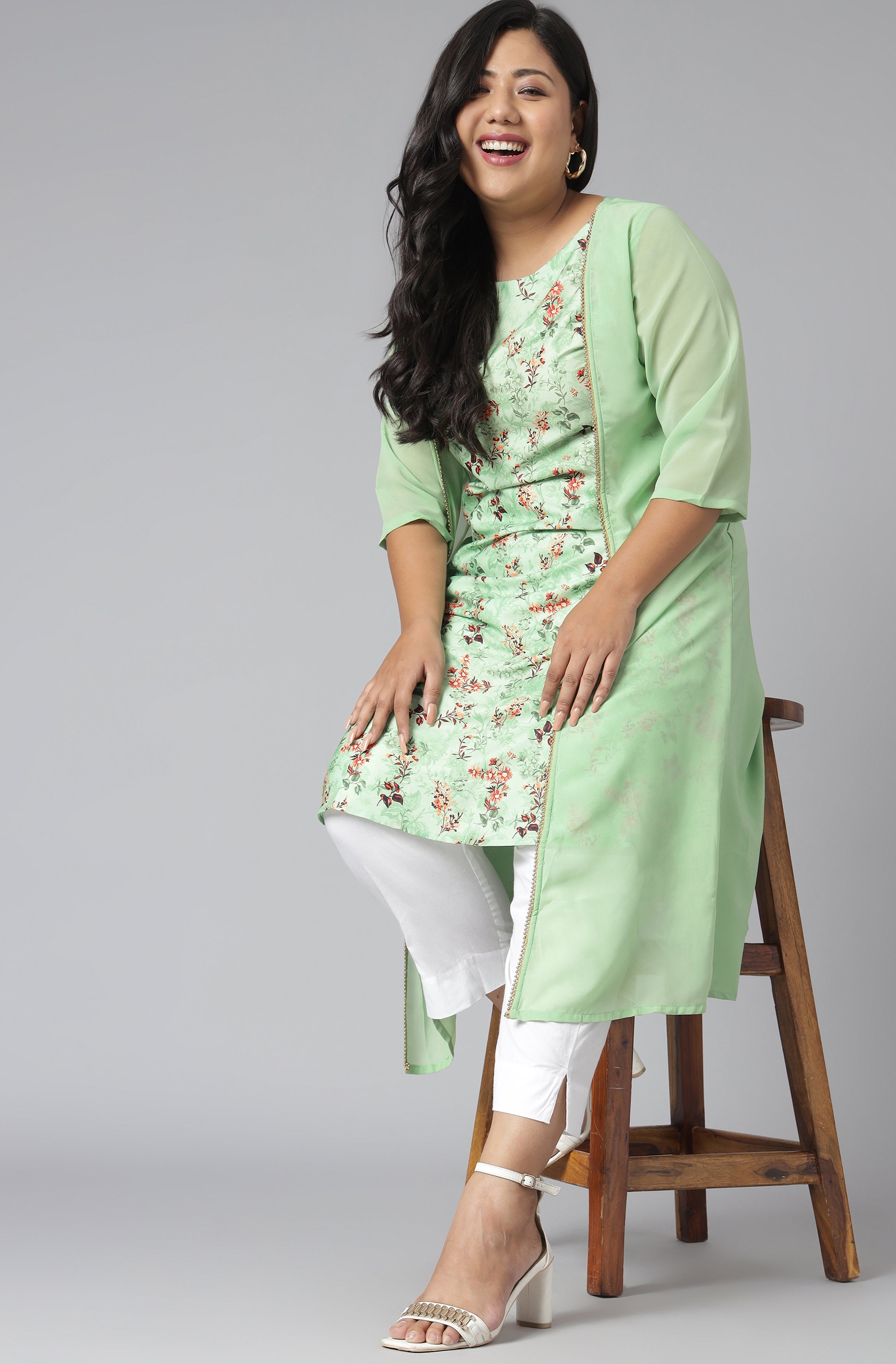 Janasya Women's Green Poly Crepe Floral Print Casual A-line Kurta - Distacart
