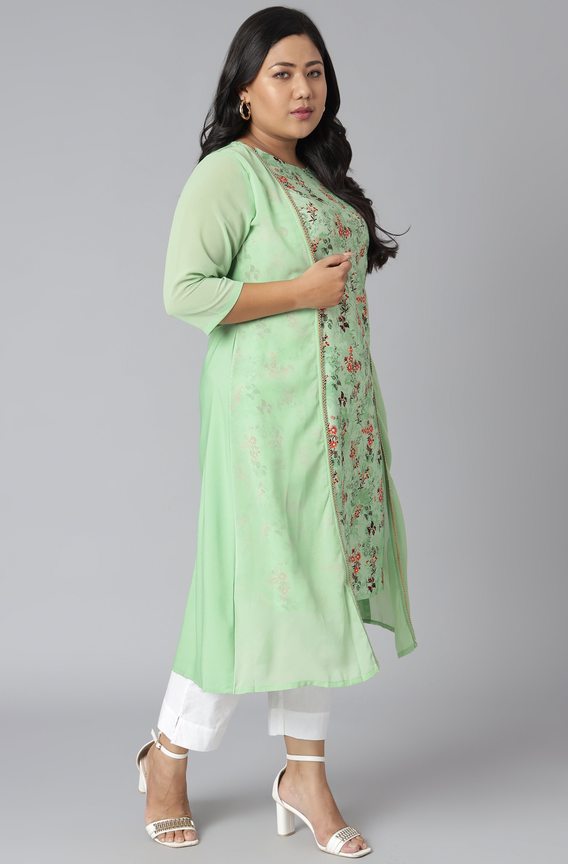 Janasya Women's Green Poly Crepe Floral Print Casual A-line Kurta - Distacart