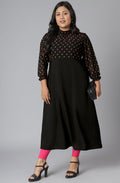 Janasya Women's Black Poly Crepe Polka Print Casual A-line Kurta