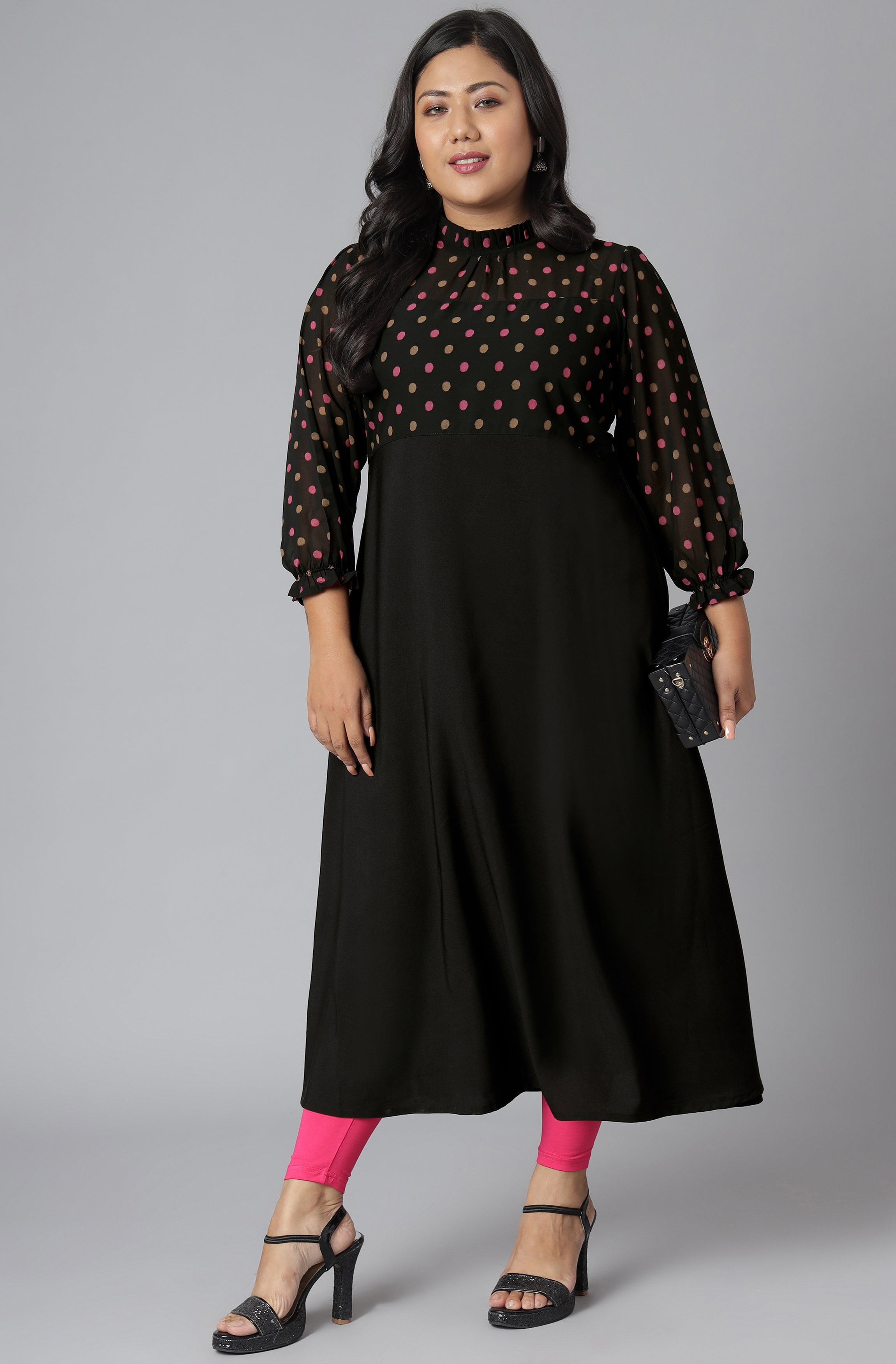 Janasya Women's Black Poly Crepe Polka Print Casual A-line Kurta