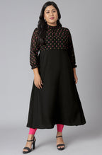 Janasya Women's Black Poly Crepe Polka Print Casual A-line Kurta