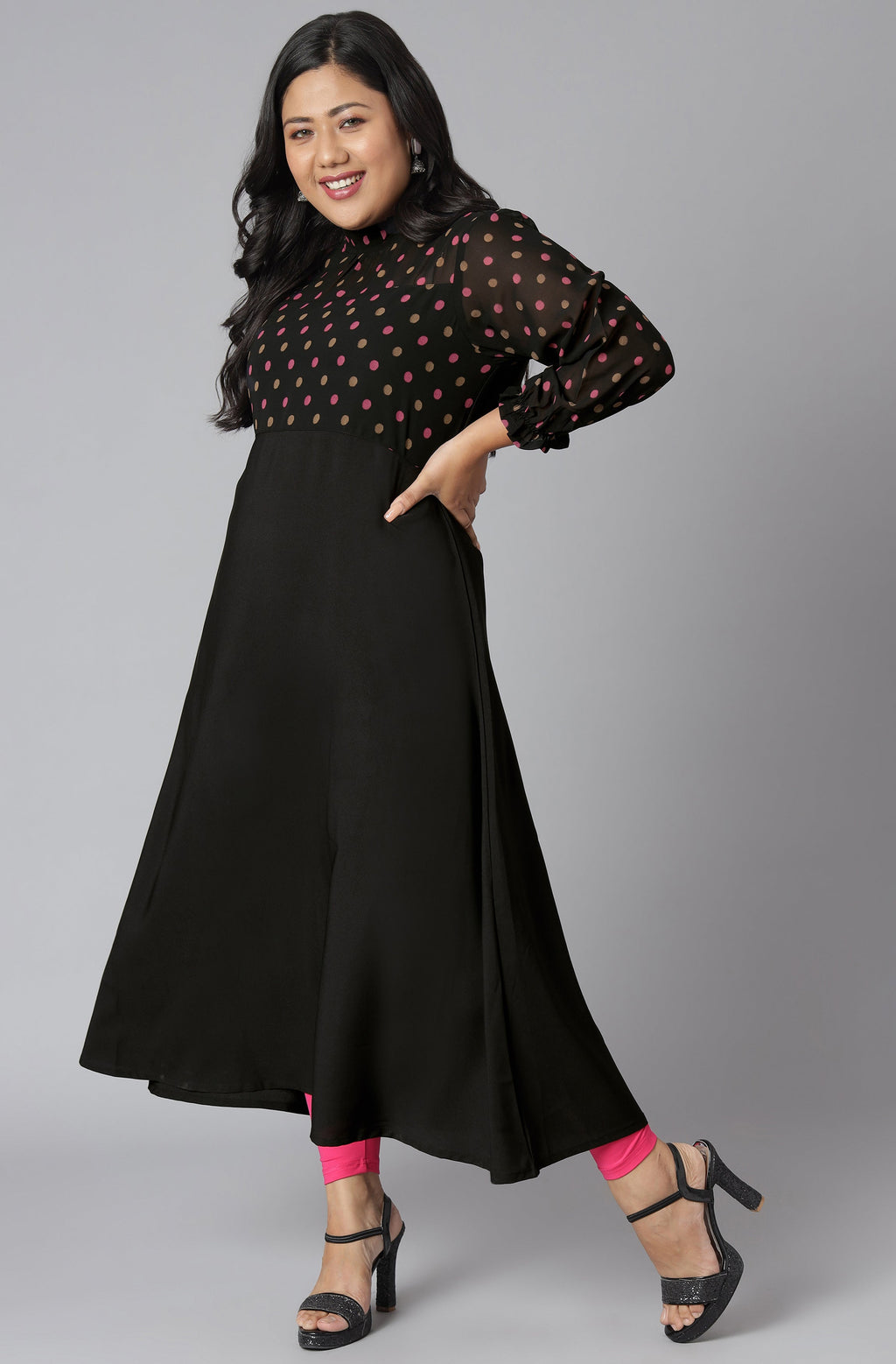 Janasya Women's Black Poly Crepe Polka Print Casual A-line Kurta