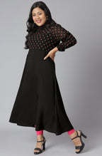Janasya Women's Black Poly Crepe Polka Print Casual A-line Kurta