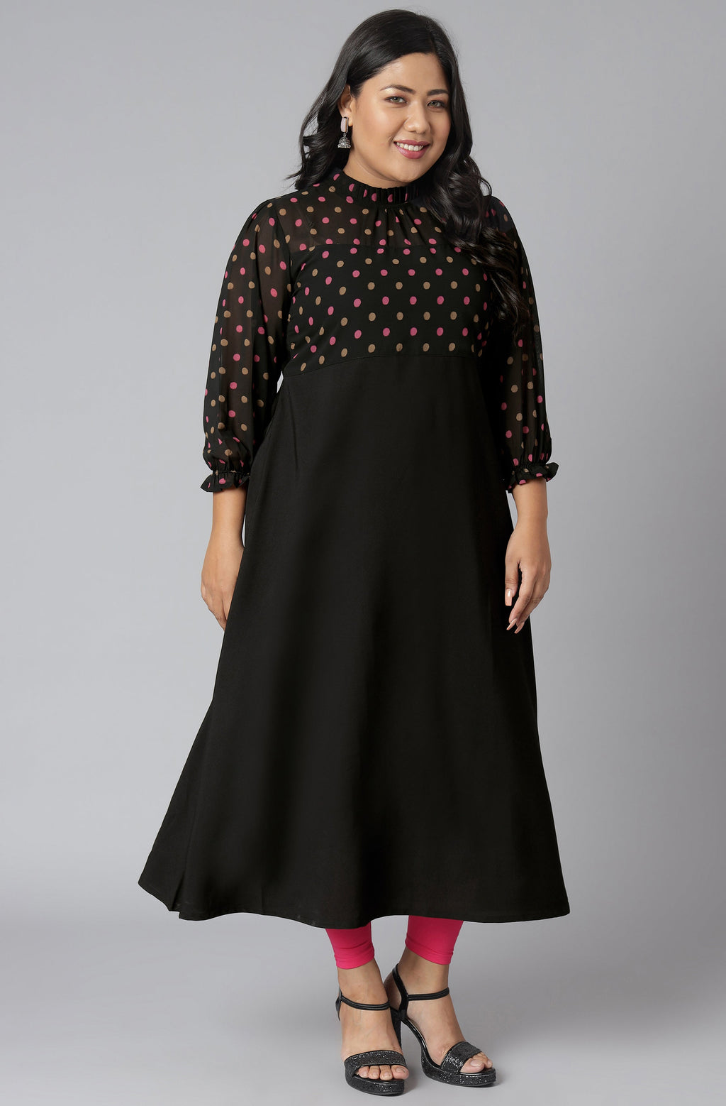 Janasya Women's Black Poly Crepe Polka Print Casual A-line Kurta