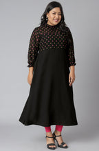Janasya Women's Black Poly Crepe Polka Print Casual A-line Kurta
