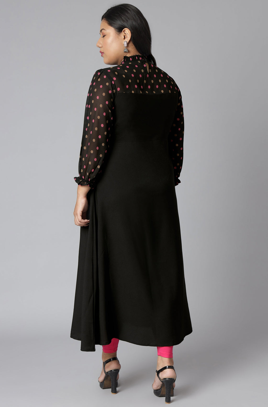 Janasya Women's Black Poly Crepe Polka Print Casual A-line Kurta
