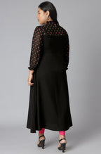Janasya Women's Black Poly Crepe Polka Print Casual A-line Kurta
