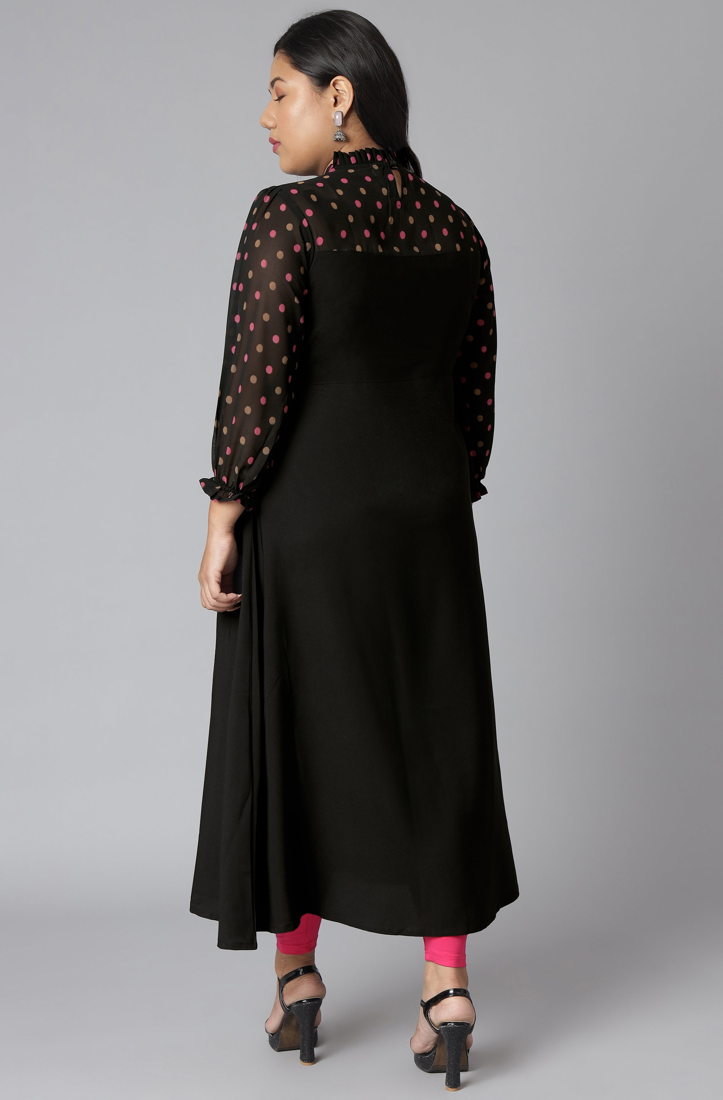 Janasya Women's Black Poly Crepe Polka Print Casual A-line Kurta