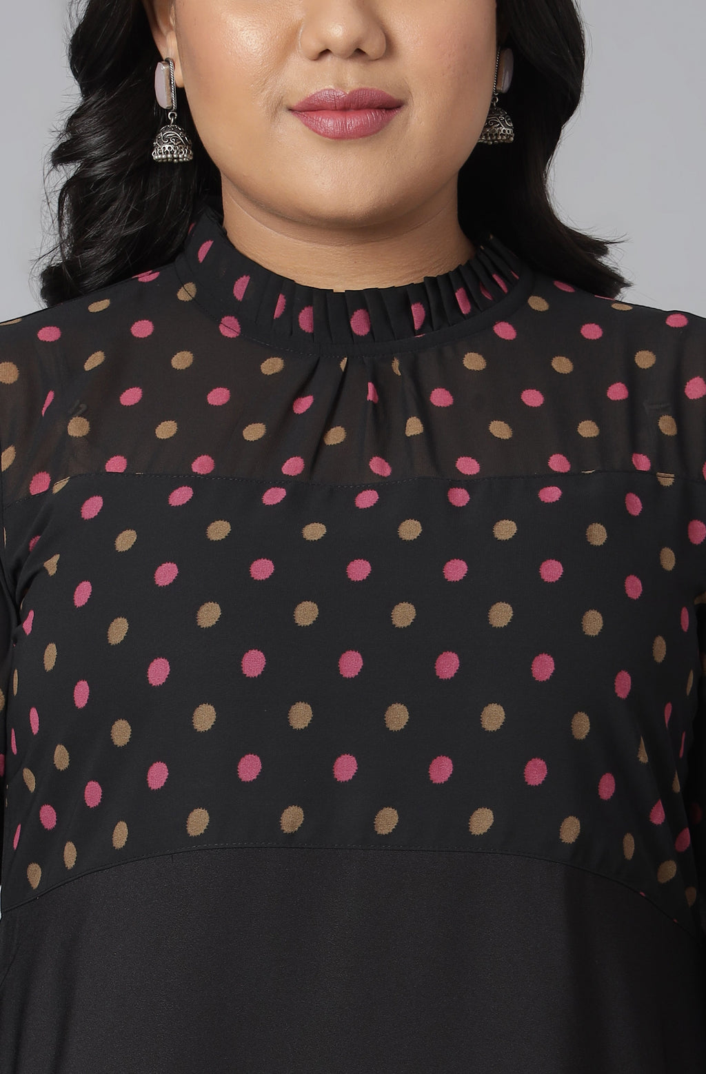 Janasya Women's Black Poly Crepe Polka Print Casual A-line Kurta