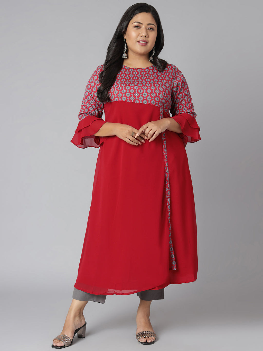 Janasya Women's Maroon Poly Crepe Ethnic Motifs Casual A-line Kurta