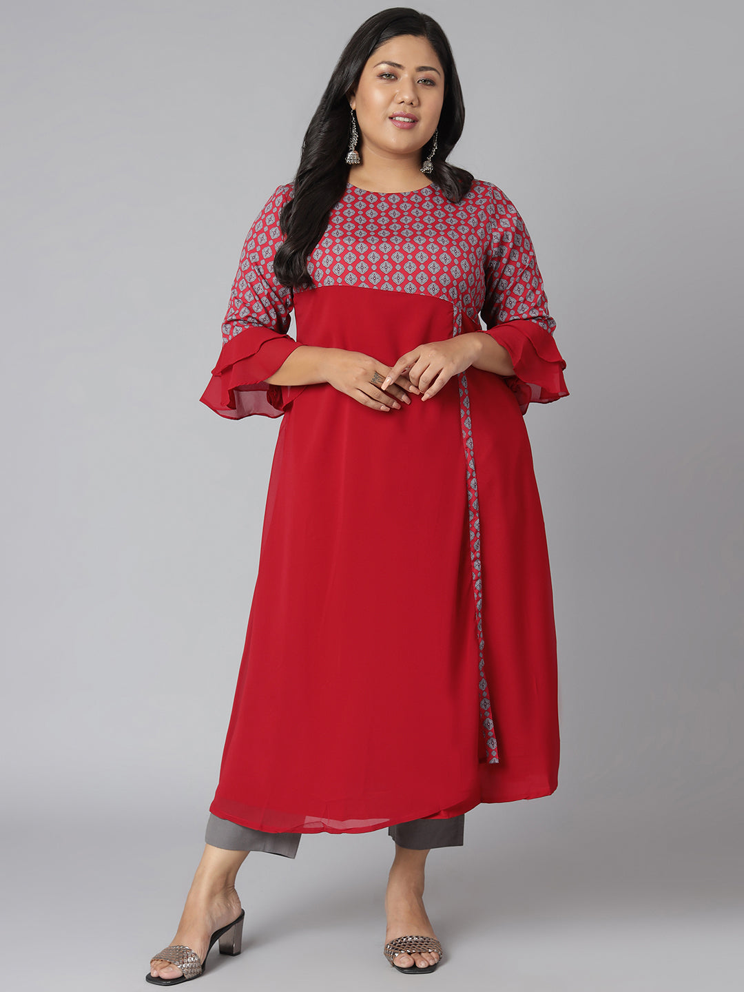 Janasya Women's Maroon Poly Crepe Ethnic Motifs Casual A-line Kurta