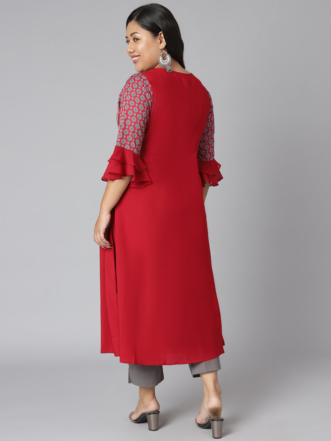 Janasya Women's Maroon Poly Crepe Ethnic Motifs Casual A-line Kurta