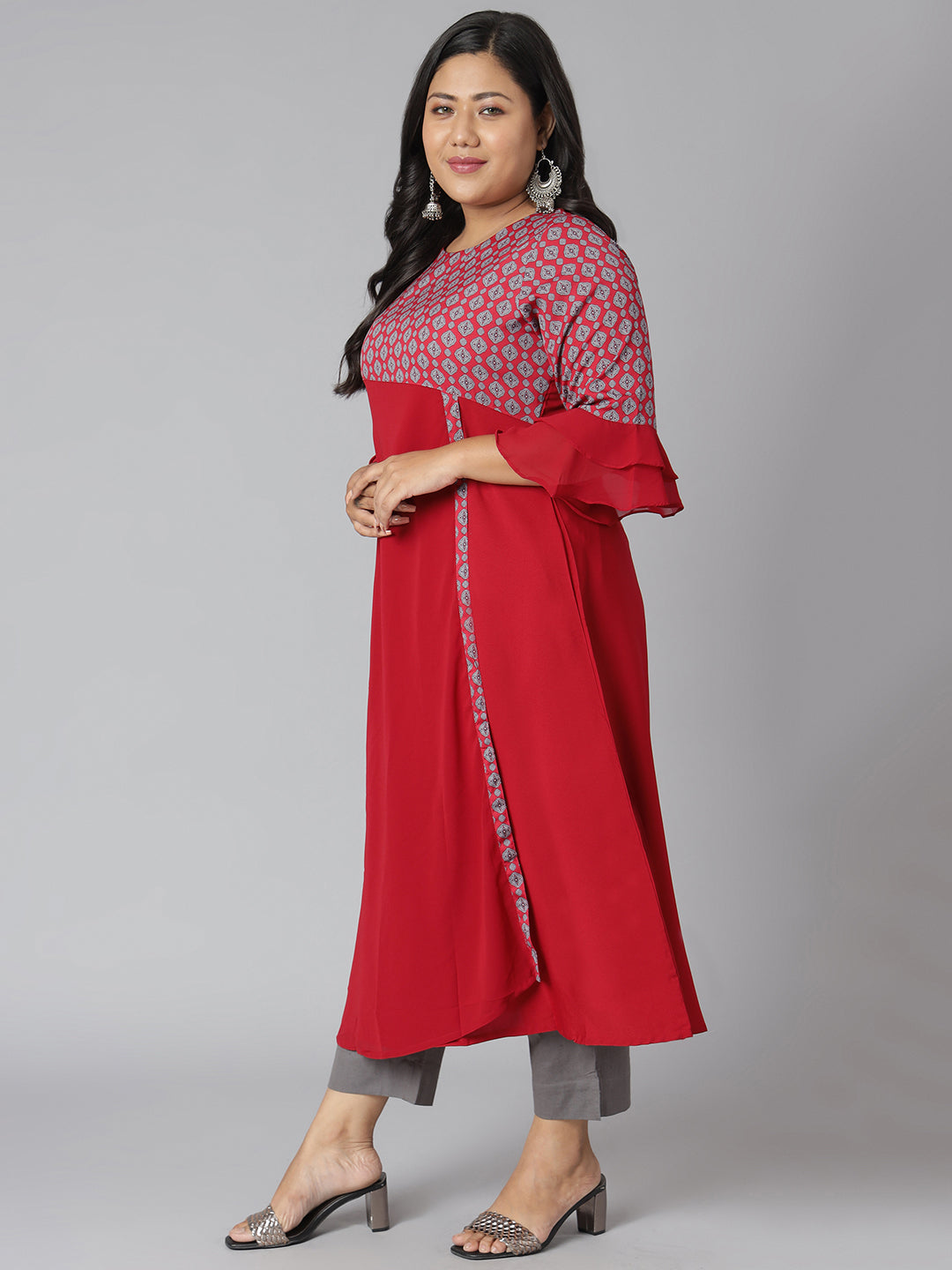 Janasya Women's Maroon Poly Crepe Ethnic Motifs Casual A-line Kurta