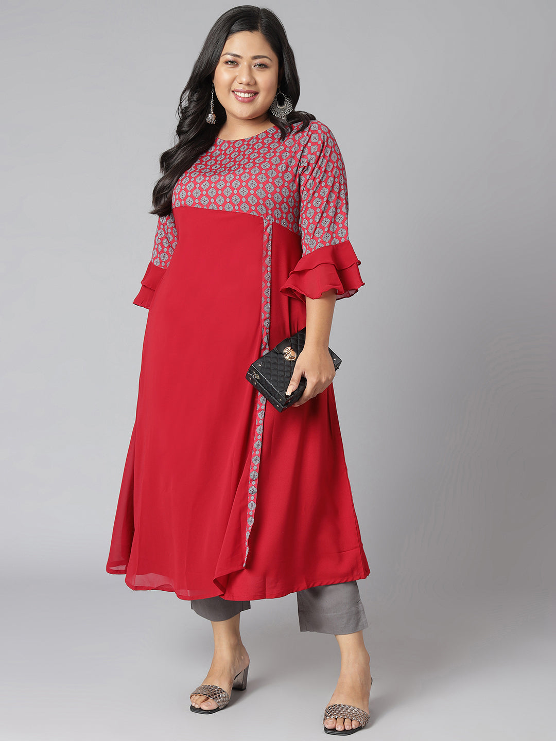 Janasya Women's Maroon Poly Crepe Ethnic Motifs Casual A-line Kurta
