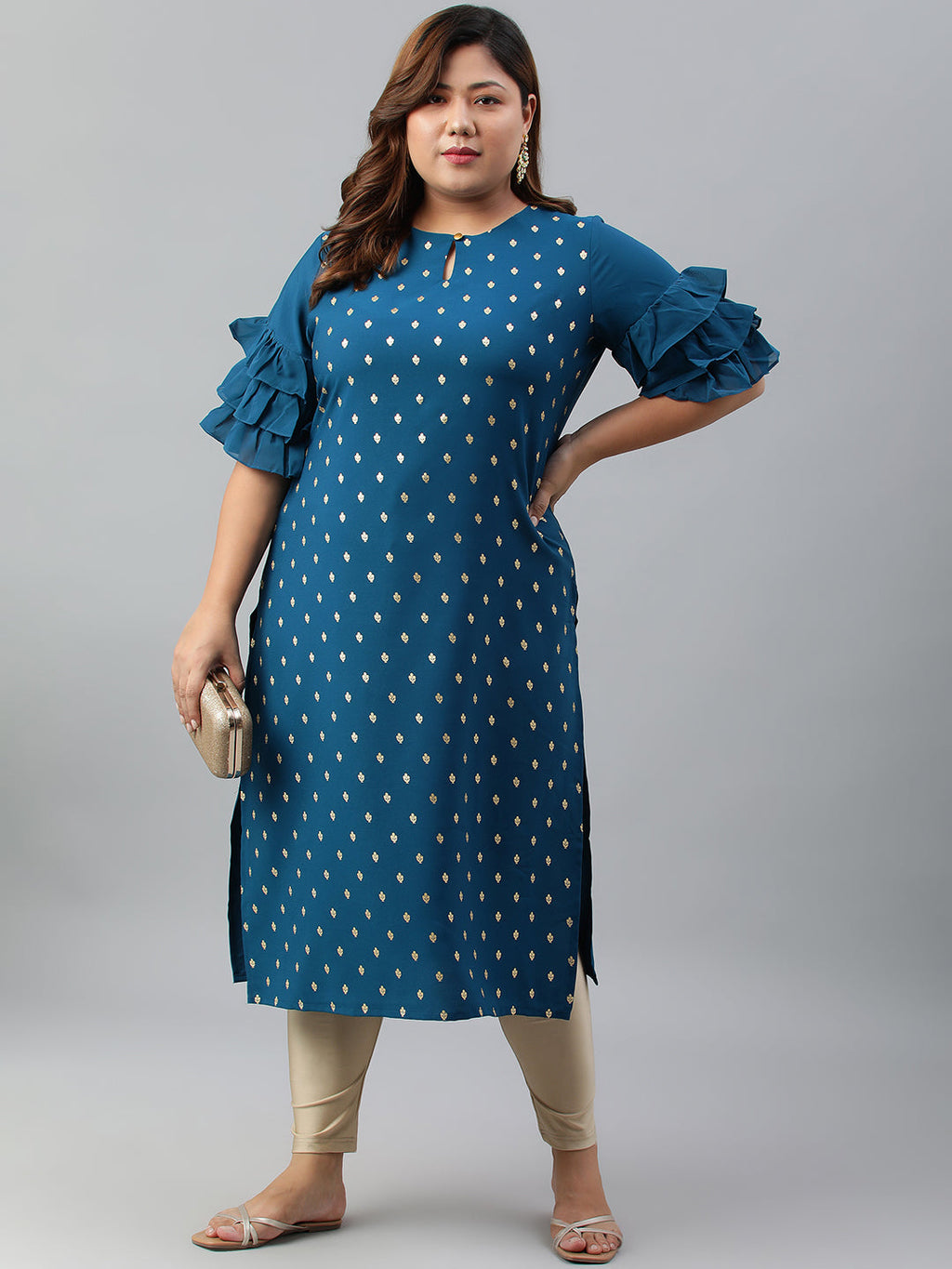 Janasya Women's Teal Poly Crepe Foil Print Casual Straight kurta