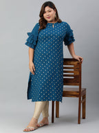 Janasya Women's Teal Poly Crepe Foil Print Casual Straight kurta