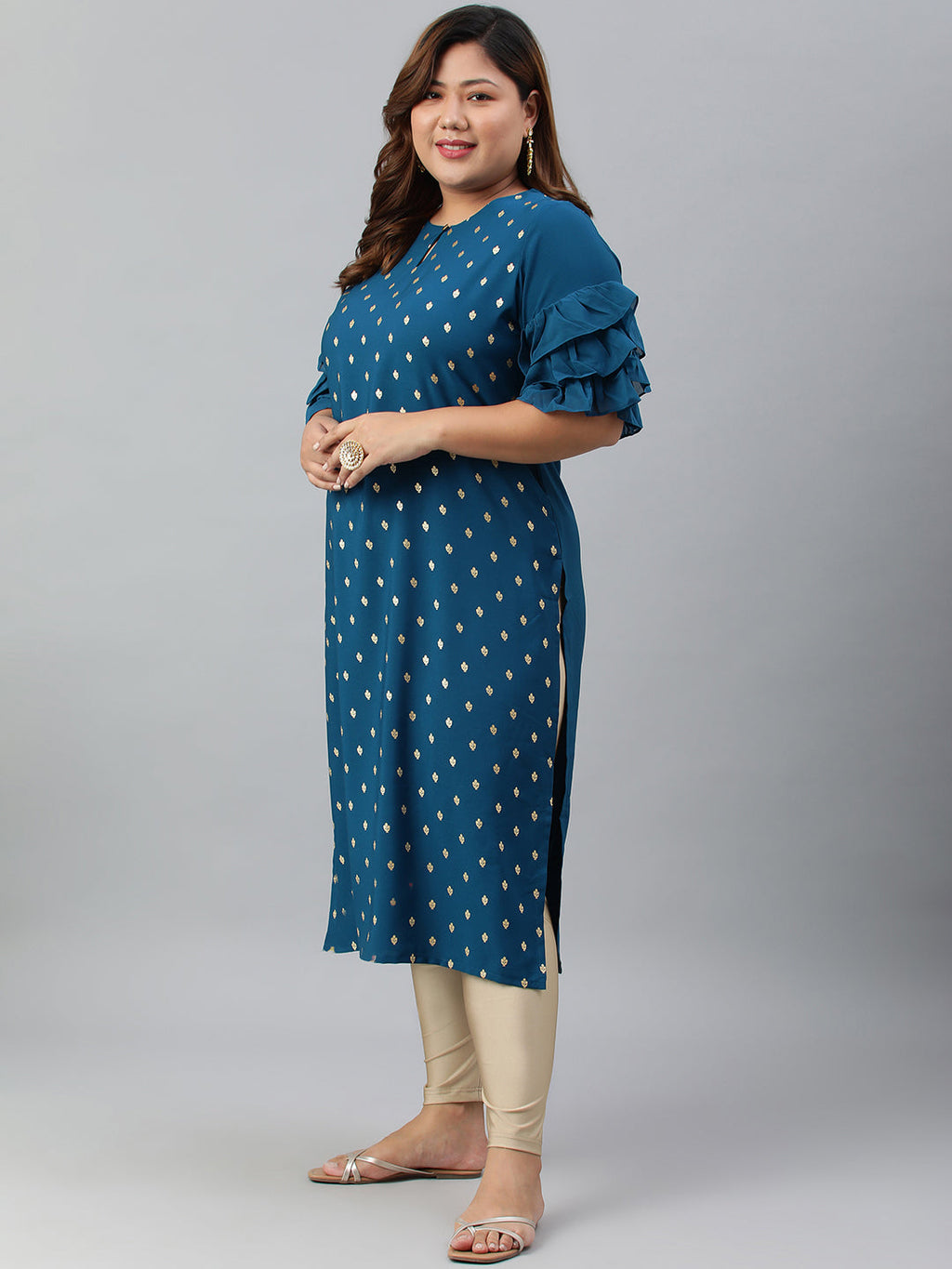 Janasya Women's Teal Poly Crepe Foil Print Casual Straight kurta