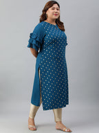 Janasya Women's Teal Poly Crepe Foil Print Casual Straight kurta