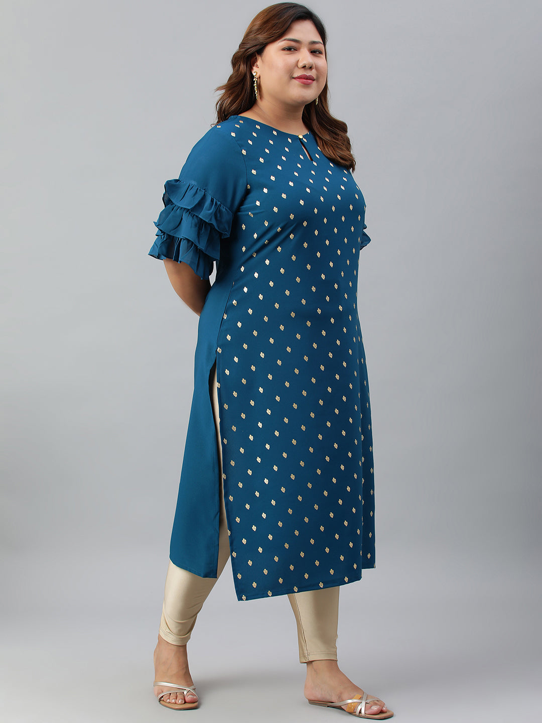 Janasya Women's Teal Poly Crepe Foil Print Casual Straight kurta