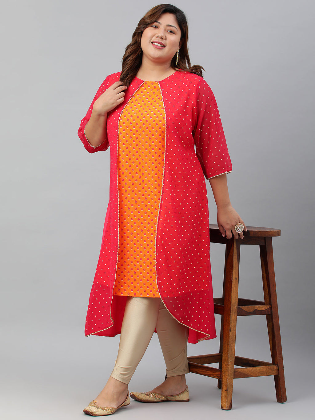 Janasya Women's Orange Poly Crepe Floral Print Festive & Party A-Line With Attached Jacket kurta