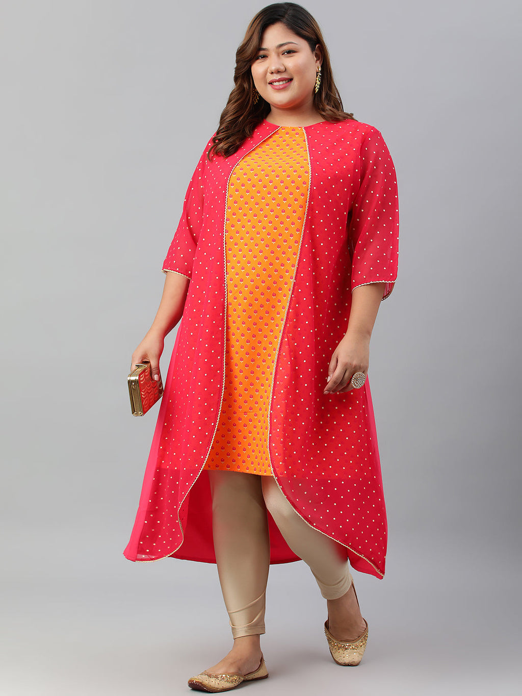 Janasya Women's Orange Poly Crepe Floral Print Festive & Party A-Line With Attached Jacket kurta